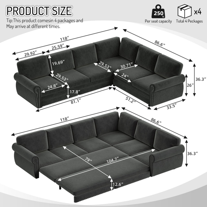 L-Shaped Sofa Couch With Pull Out Bed With Nailhead Trim & Rolled Arm