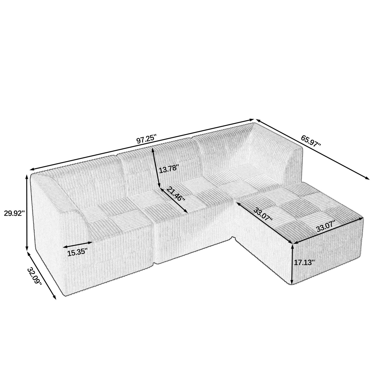 Modern Minimalist L Shape Modular Sectional Sofa, Sleeper Corduroy Couch