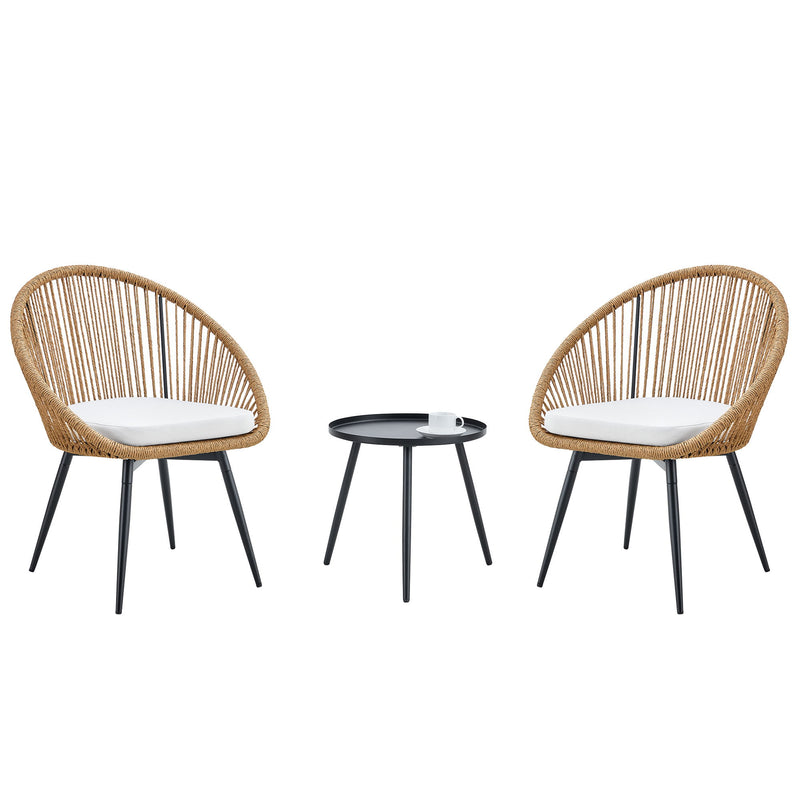 Modern 3 Piece Set, Anti - Spill Round Coffee Table, 2 Rattan Swivel Chairs, Outdoor Patio Furniture For Tea Time - Black / Wood