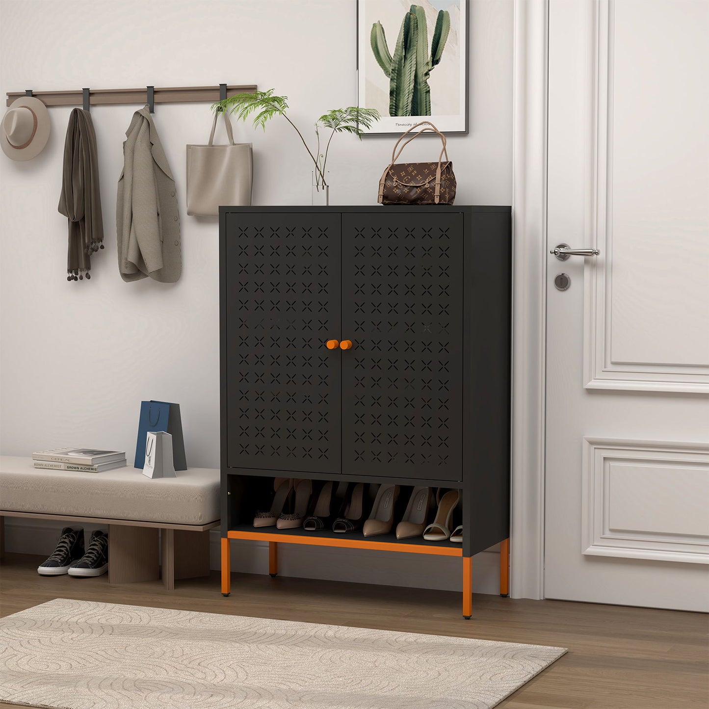 Gjg Hua - Shoe Cabinet With Ergonomic Steel Handle And Breathable Butterfly Door - Black