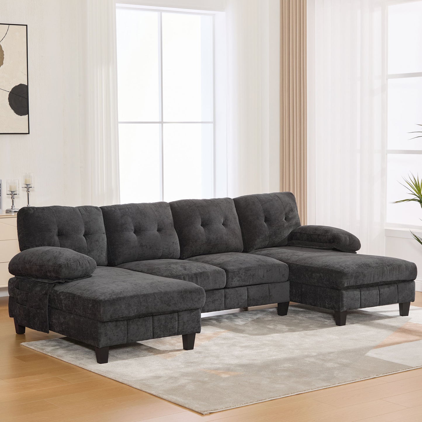 U-Shaped Sectional Sofa 103.5" Black Chenille Fabric Couch With Dual Chaise Lounges, Storage Pockets, Armrest Pillows