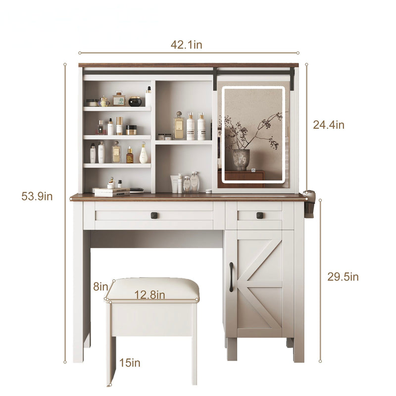Rustic Farmhouse Makeup Vanity Desk With Sliding Mirror, LED Lights, And Charging Socket - White