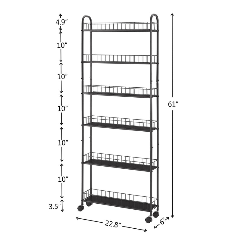 6 Tier Rolling Cart Gap Kitchen Slim Slide Out Storage Tower Rack With Wheels, 6 Baskets, Kitchen, Bathroom Laundry Narrow Piaces Utility Cart - Black