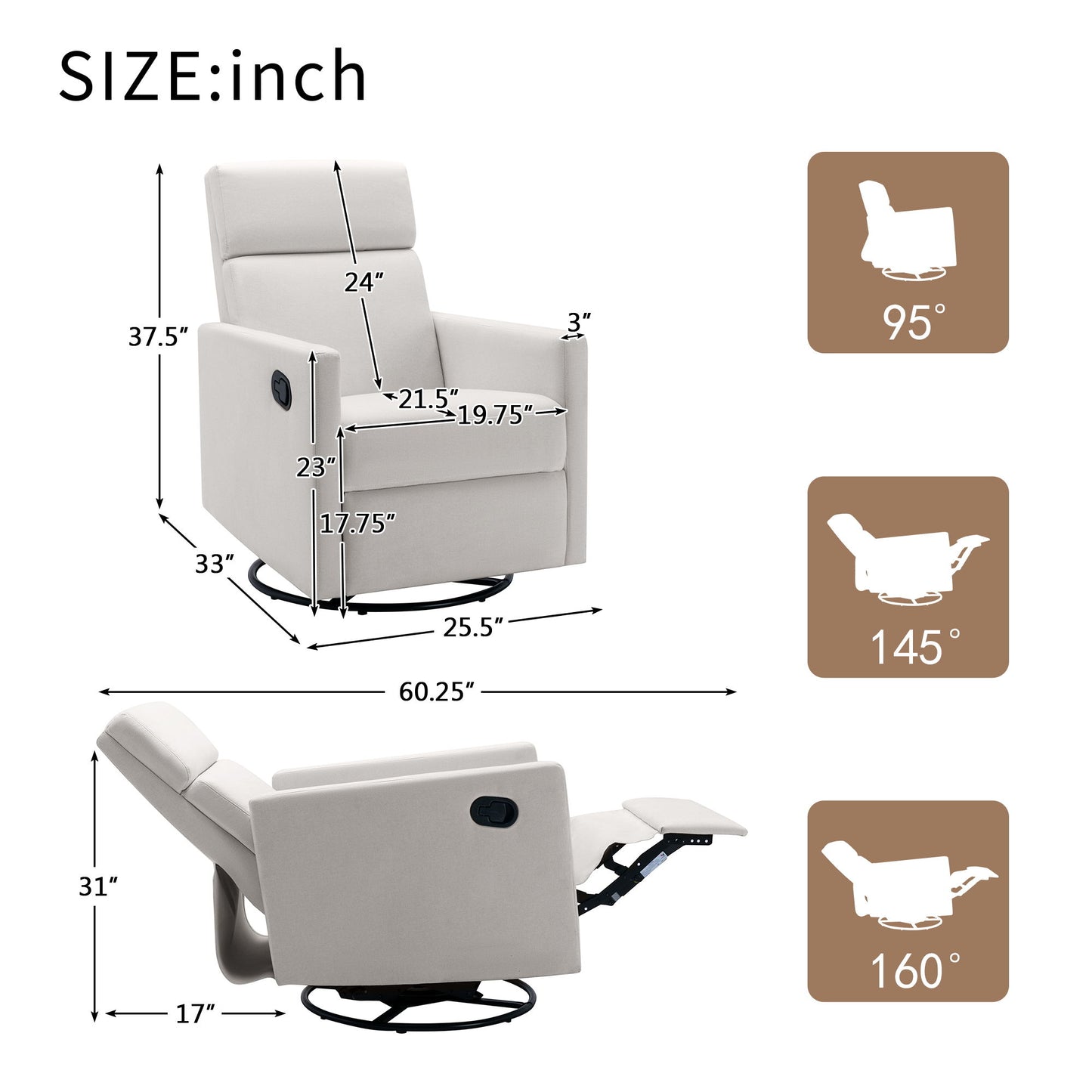 Modern Upholstered Rocker Nursery Chair Plush Seating Glider Swivel Recliner Chair
