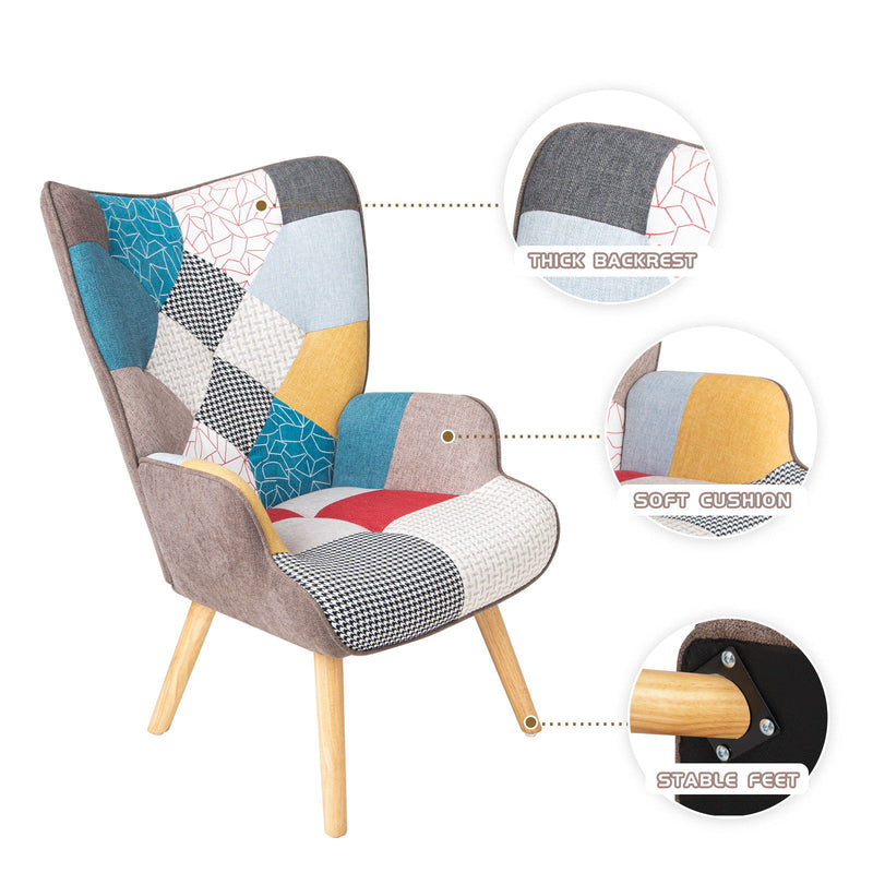 Accent Chair With Ottoman, Living Room Chair And Ottoman Set, Comfy Side Armchair For Bedroom, Creative Splicing Cloth Surface - Colorful