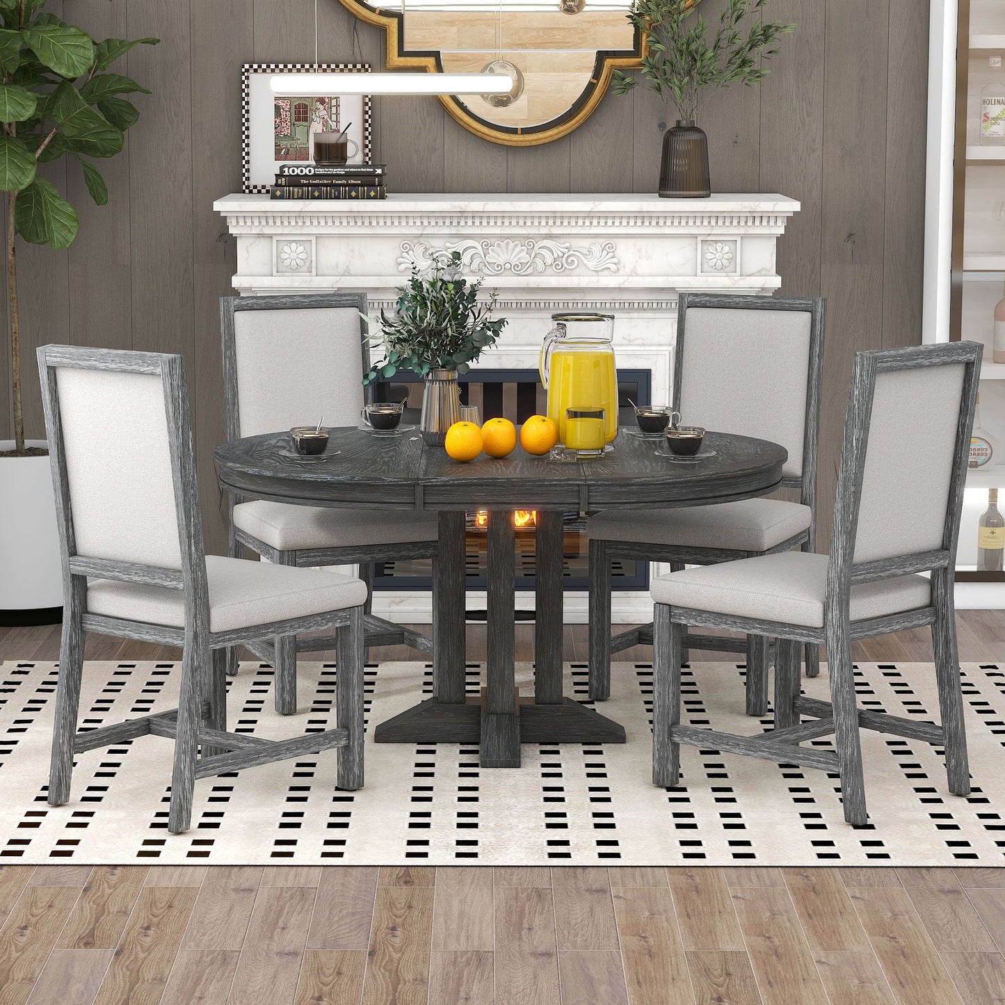 5 Piece Dining Set With Extendable Round Table And Upholstered Chairs