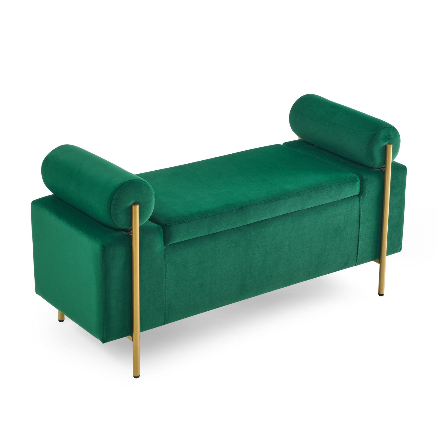 Elegant Upholstered Linen Storage Bench With Cylindrical Arms And Iron Legs, White