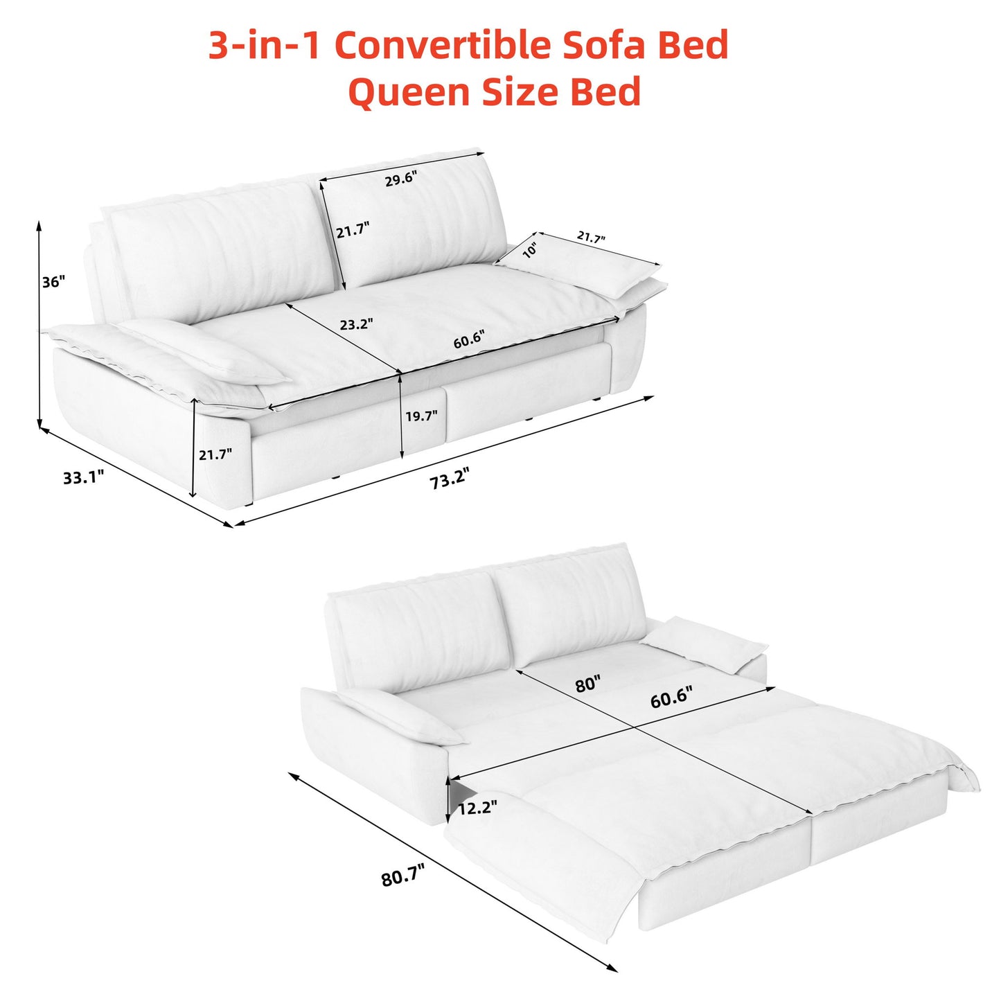 Queen Pull Out 3 In 1 Convertible Sleeper Sofa, Multi-Functional