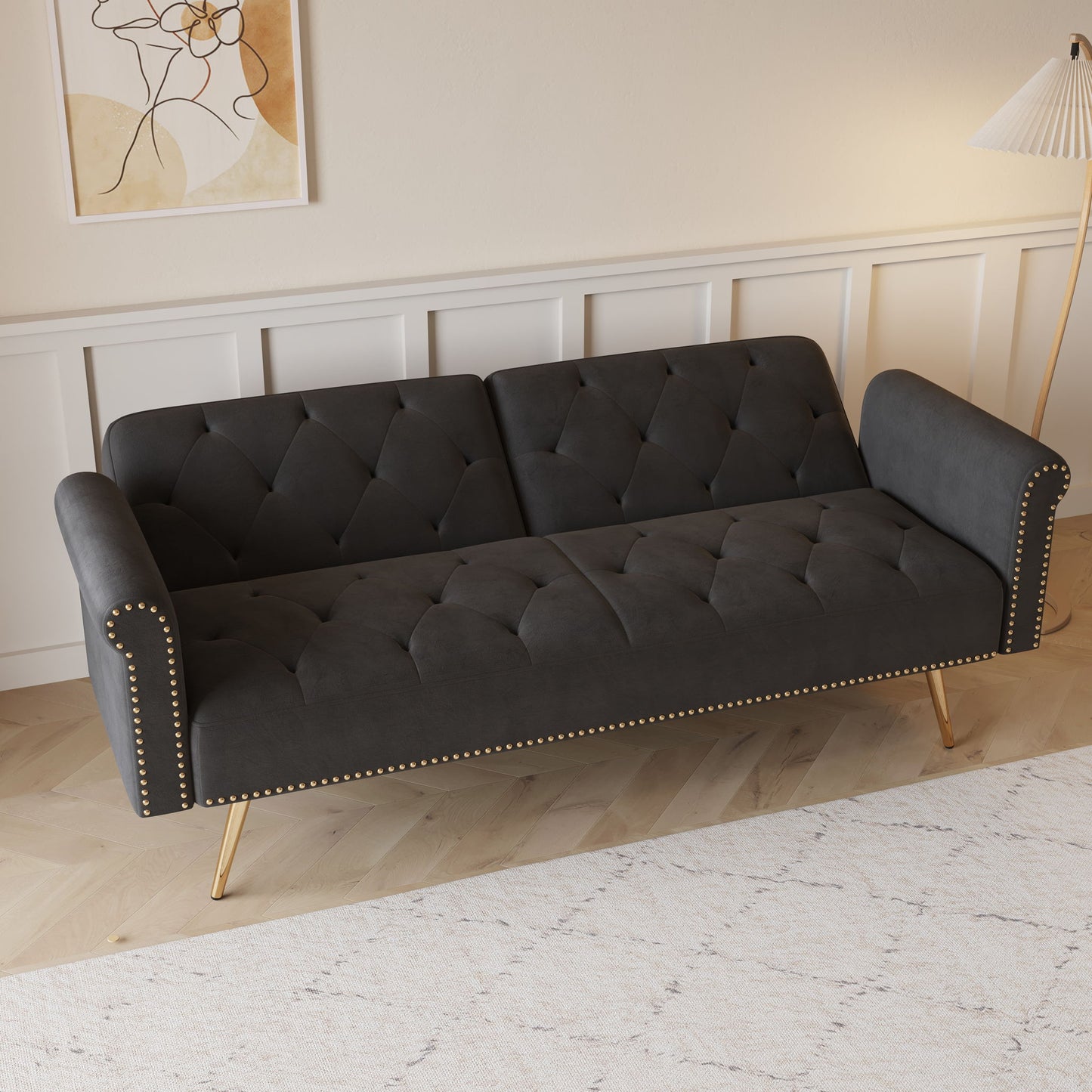 Luxurious Velvet Sofa Bed With Nail Head Trim And Matching Pillow