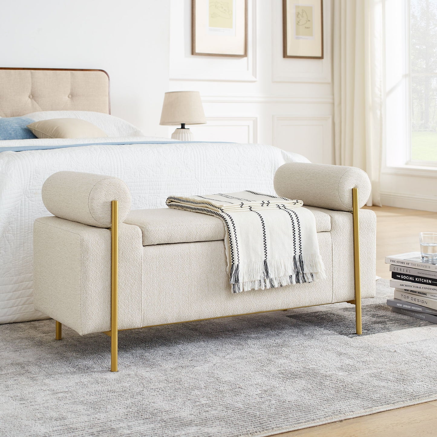 Elegant Upholstered Linen Storage Bench With Cylindrical Arms And Iron Legs, White