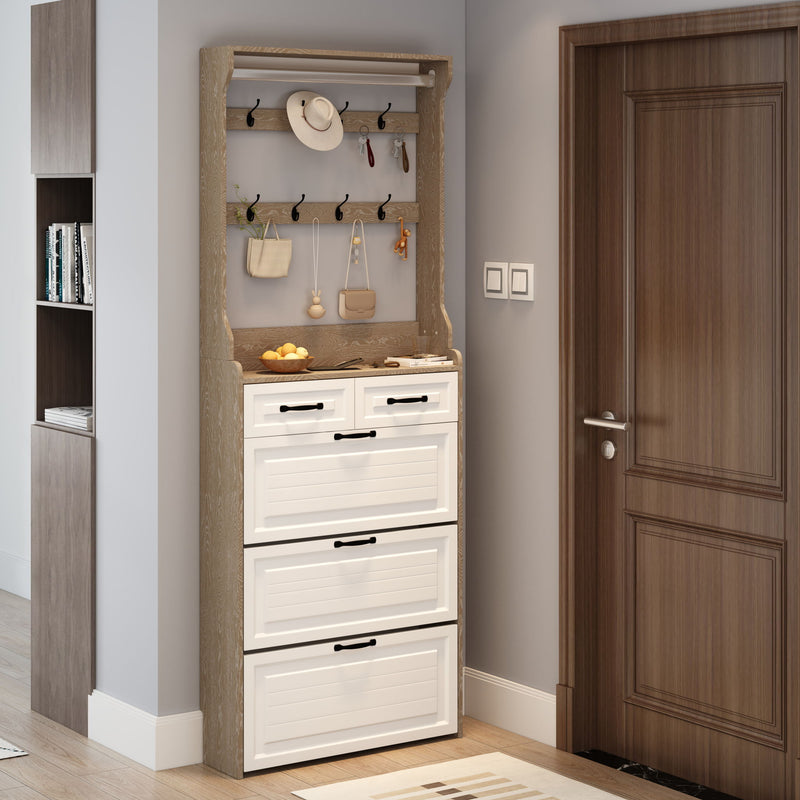 Shoe Cabinet With 3 Doors 2 Drawers With Hanger, Door With Shape, Large Space For Storage