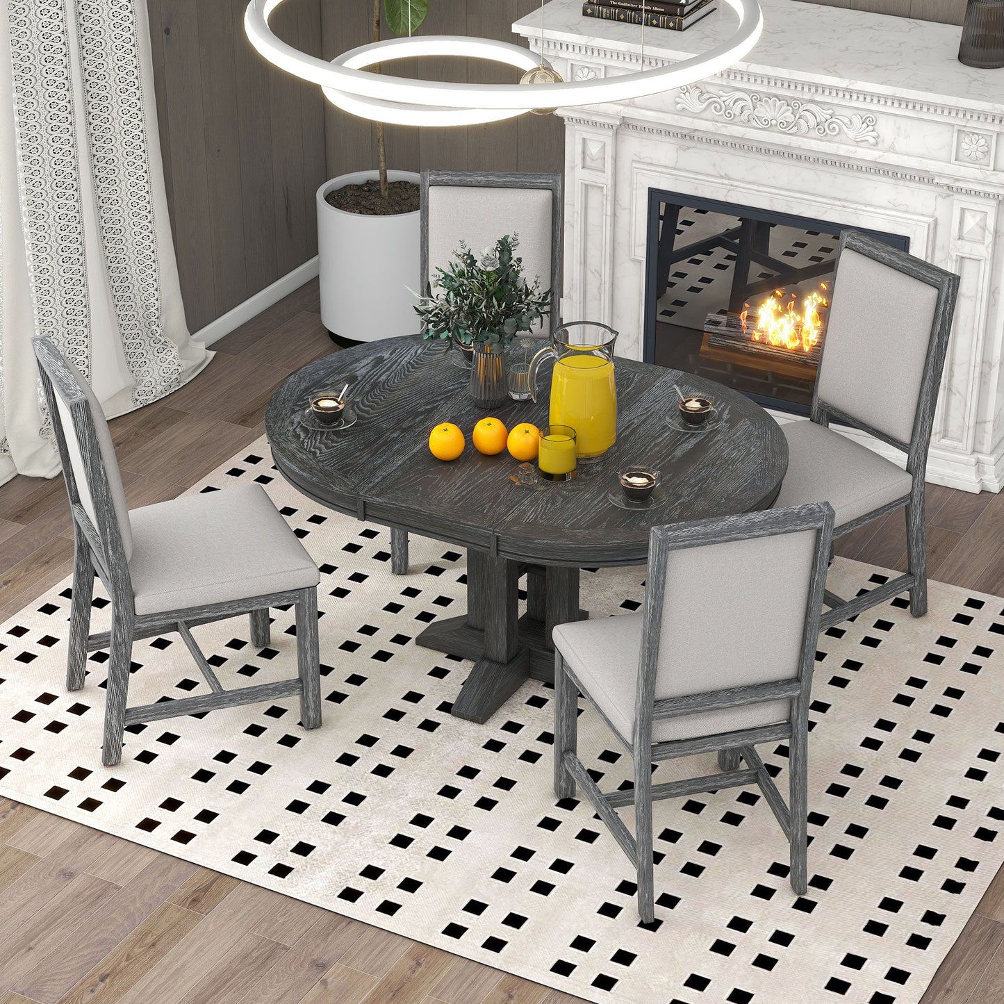 5 Piece Dining Set With Extendable Round Table And Upholstered Chairs