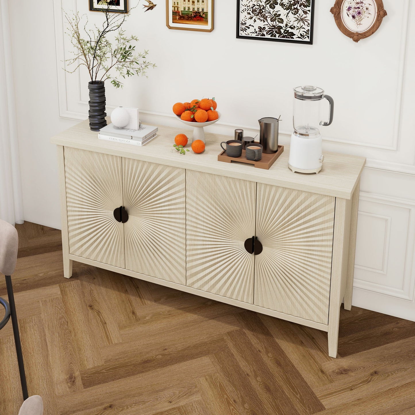4 Door Sideboard, Carved Sideboard Buffet Cabinet With Storage, Modern Coffee Bar Cabinet With Adjustable Shelf For Living Room, Dining Room, Kitchen - Natural