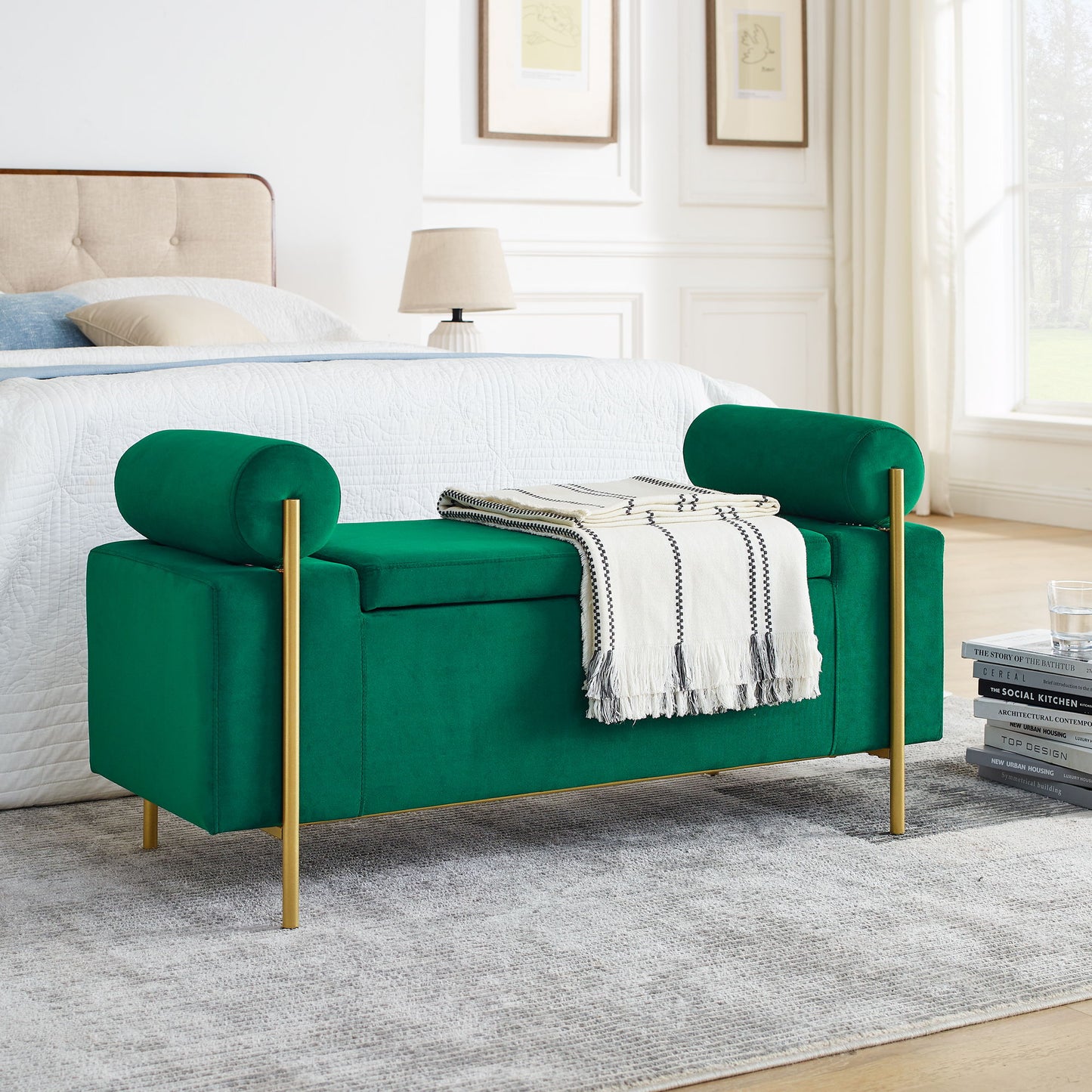 Elegant Upholstered Linen Storage Bench With Cylindrical Arms And Iron Legs, White
