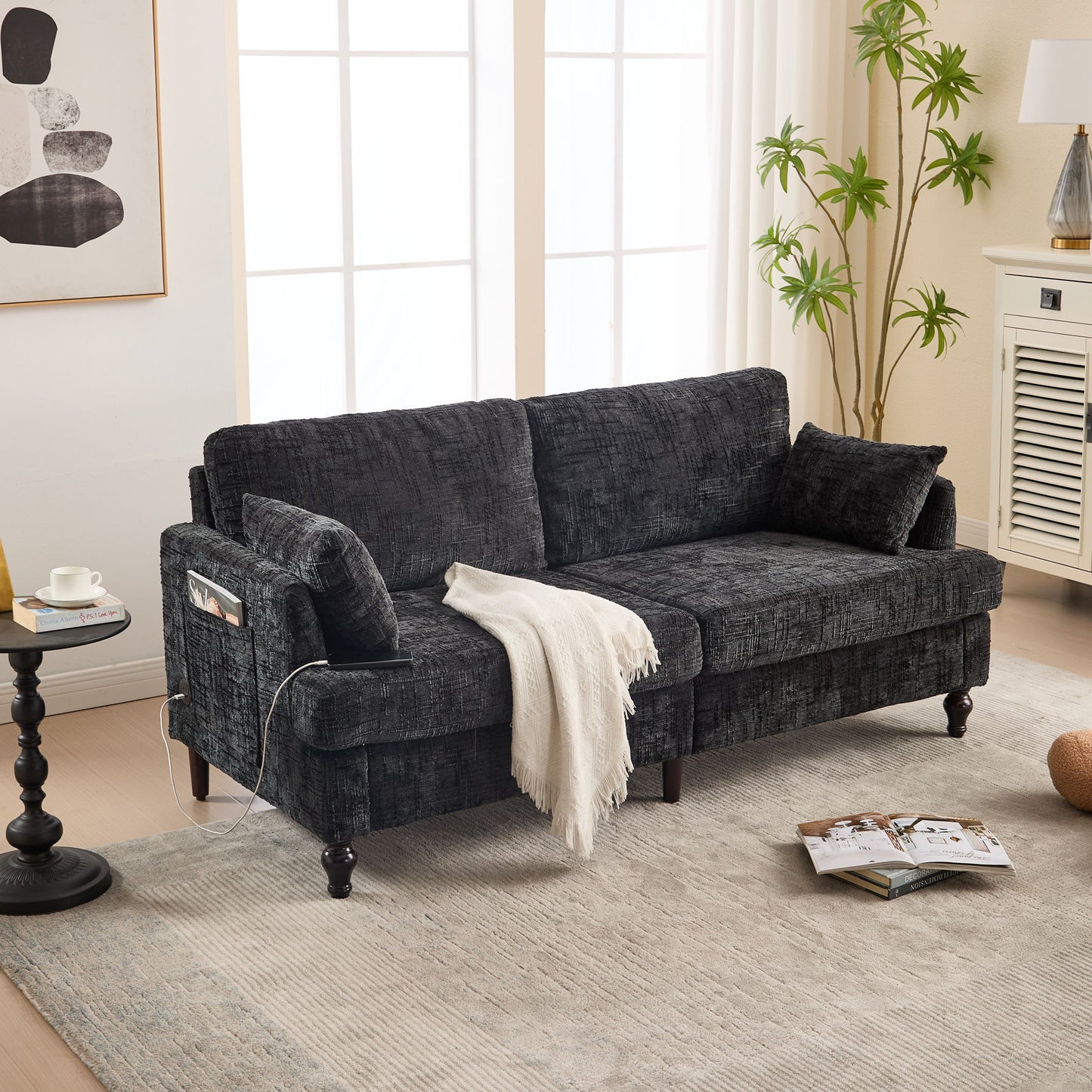 Chenille 2 Seater Sofa With LED Light, USB Charging Port, And Storage Bag