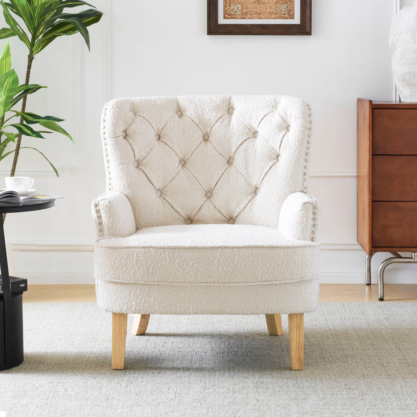 Vintage Style Club Chair, Granular Plush Fabric, Rubber Wood Legs - Almond