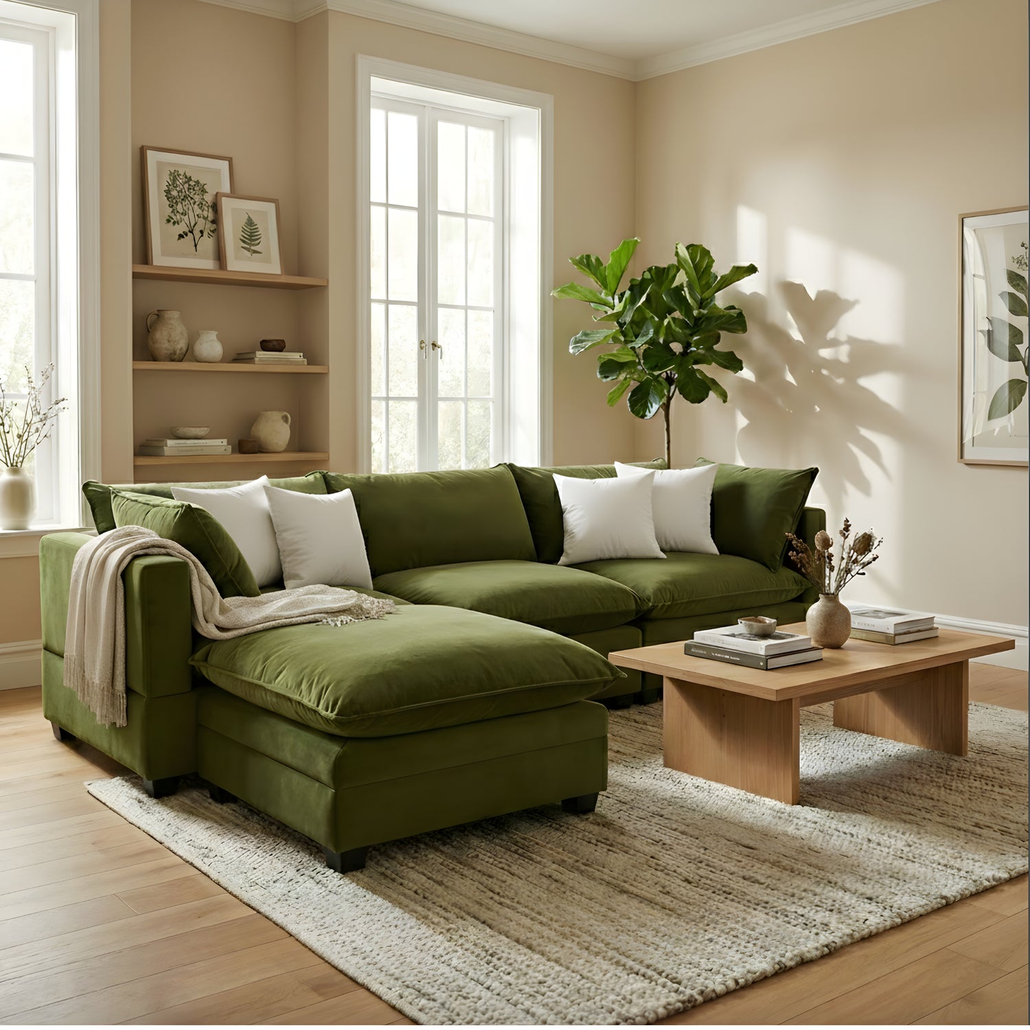 Olive green modular sectional sofa with chaise ottoman and white throw pillows