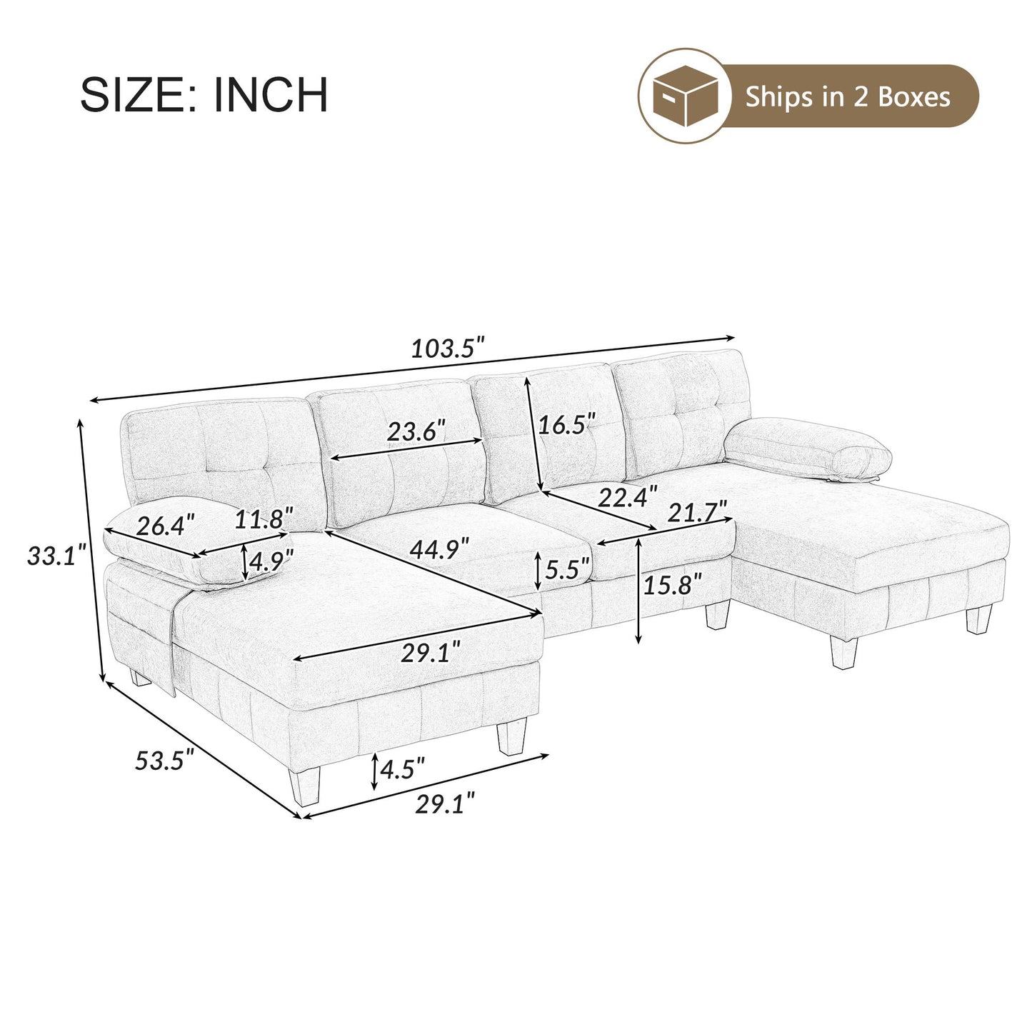 Modern U-Shaped Sectional Sofa With Dual Chaise Lounges, Storage Pockets And Armrest Pillows, Yellow Chenille Fabric, 103.5"