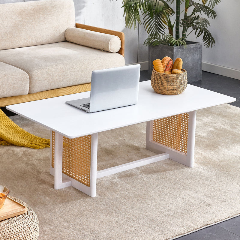 Chinese Style White Solid Wood And Imitation Rattan Coffee Table