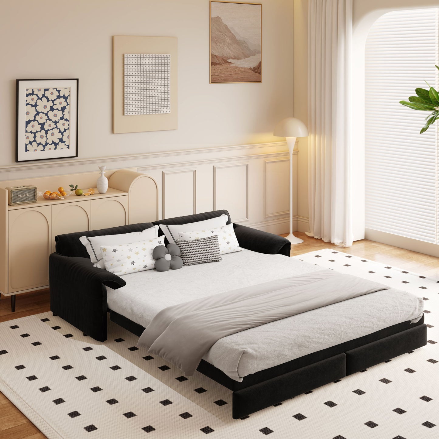 Pull Out 3 In 1 Convertible Sleeper Sofa With Side Storage, Multi Functional