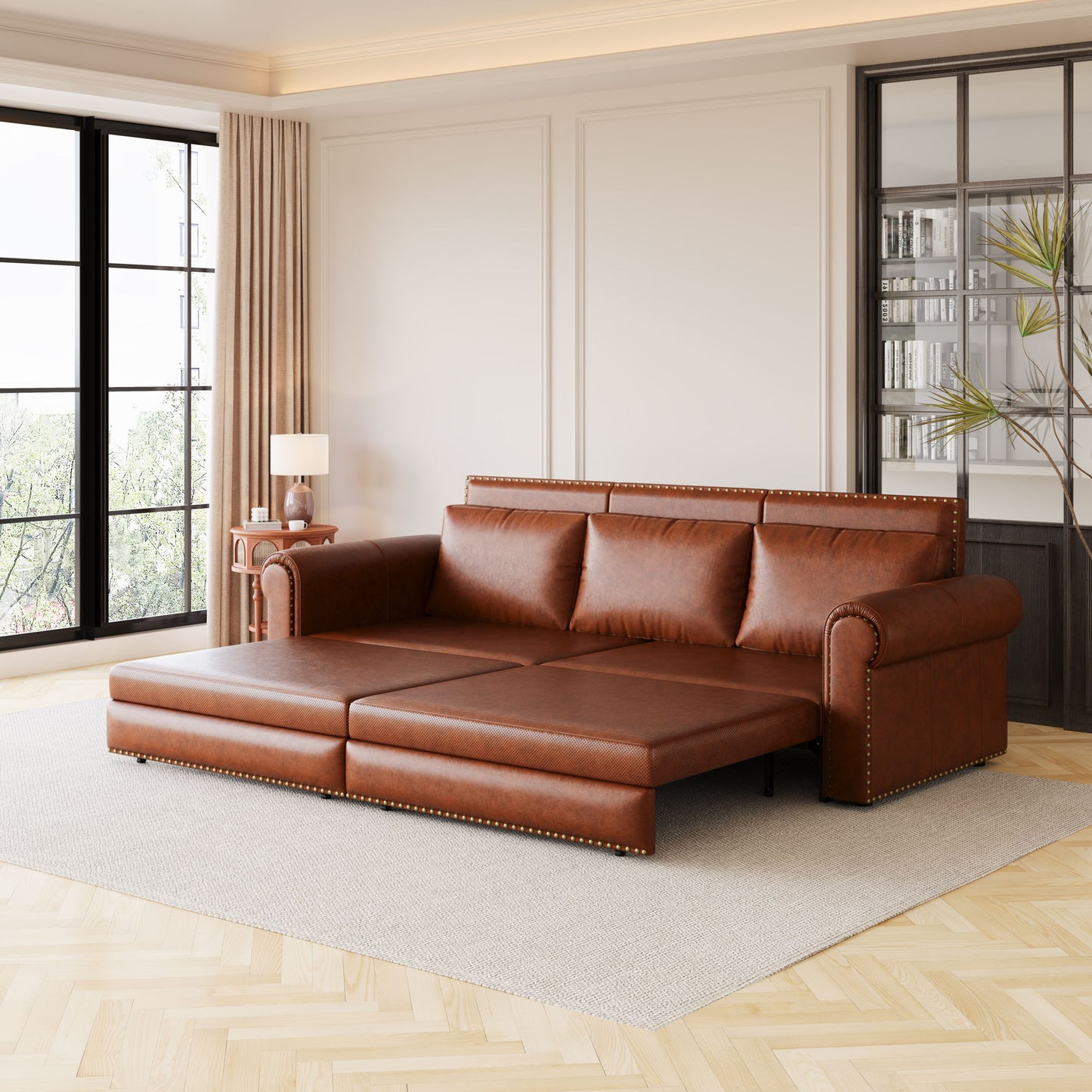 3 In 1 Convertible Sleeper Sofa With Nailhead Trim & Rolled Arm