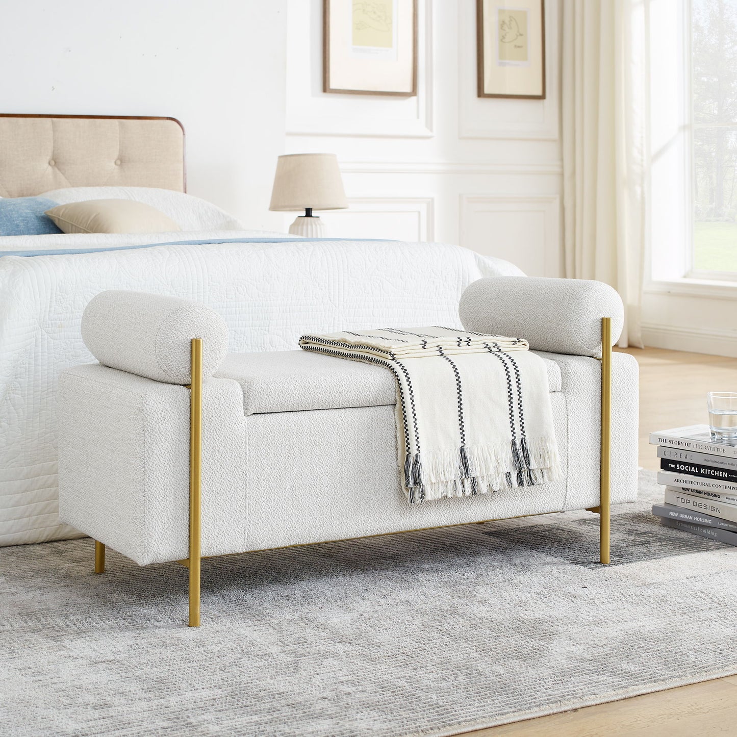 Elegant Upholstered Linen Storage Bench With Cylindrical Arms And Iron Legs, White