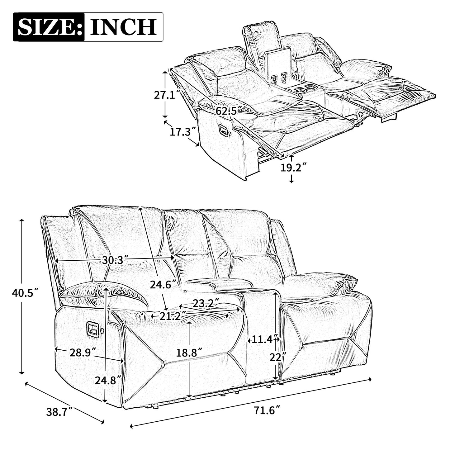 Home Theater Recliner Set Manual Recliner Chair With A LED Light Strip Two Built-In Cup Holders For Living Room