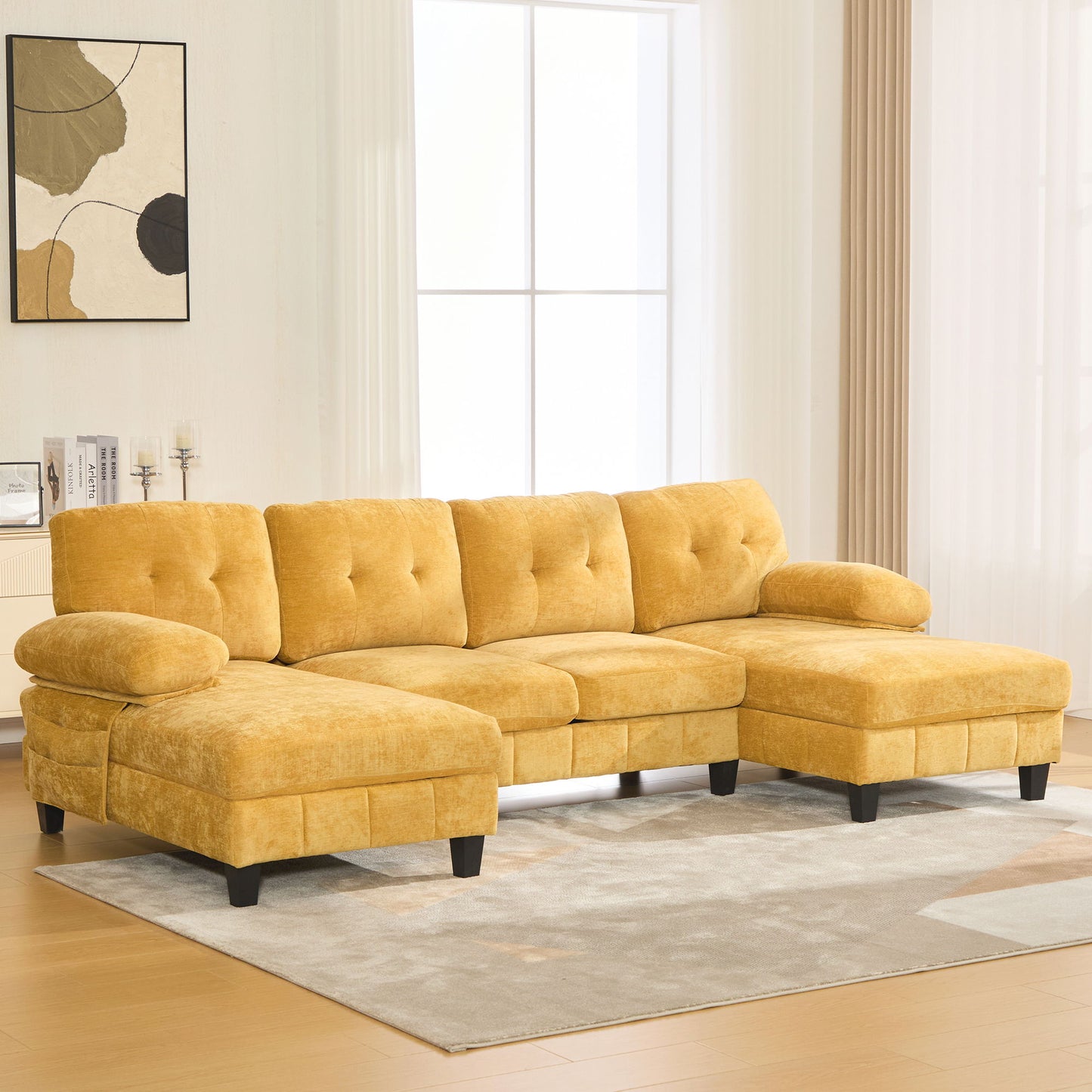 Modern U-Shaped Sectional Sofa With Dual Chaise Lounges, Storage Pockets And Armrest Pillows, Yellow Chenille Fabric, 103.5"
