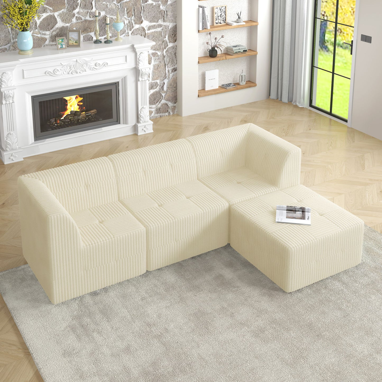Modern Minimalist L Shape Modular Sectional Sofa, Sleeper Corduroy Couch