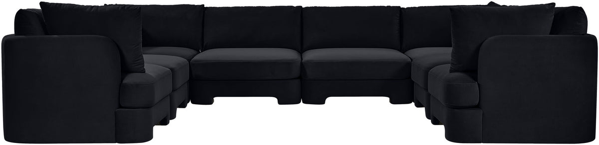 Black velvet U-shaped sectional sofa, 8-piece set with deep boxy seat modules