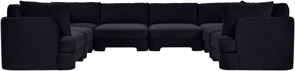 Black velvet U-shaped sectional sofa, 8-piece set with deep boxy seat modules