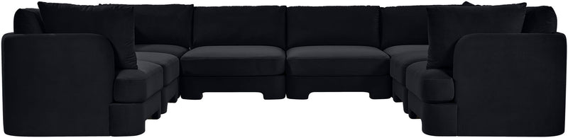 Black velvet U-shaped sectional sofa, 8-piece set with deep boxy seat modules