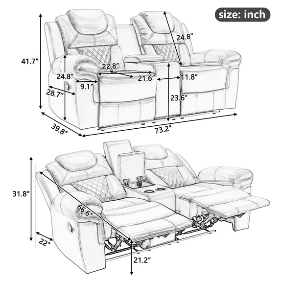 White recliner sofa set, three seats, manual mechanism shown, with size measurements