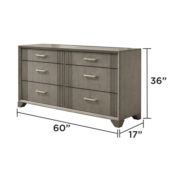 Dark gray dresser with six drawers, 60"W x 36"H x 17"D