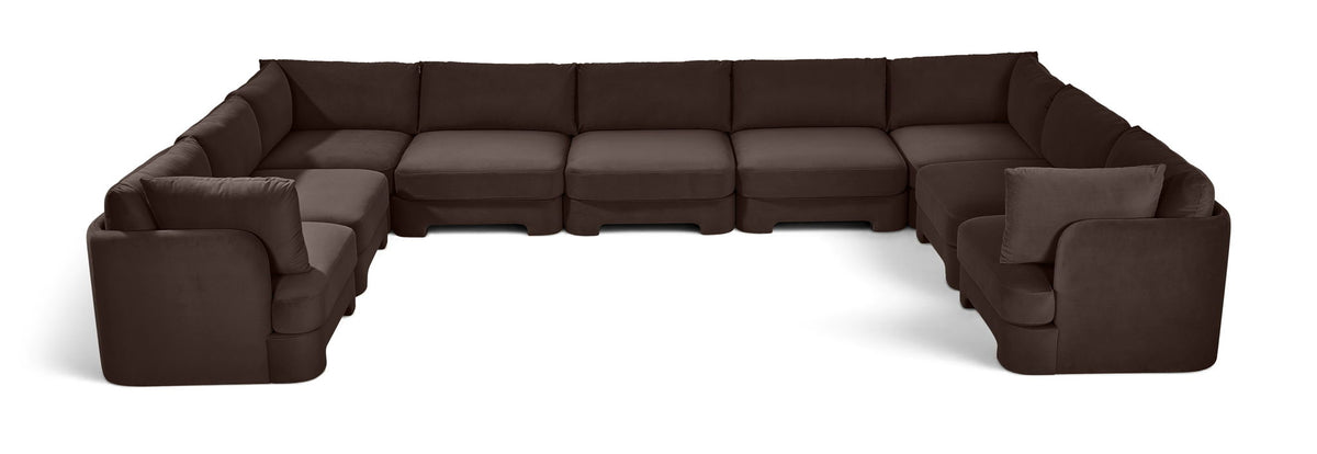 Dark brown velvet modular sectional, 9-piece set with L-shaped chaise ends.