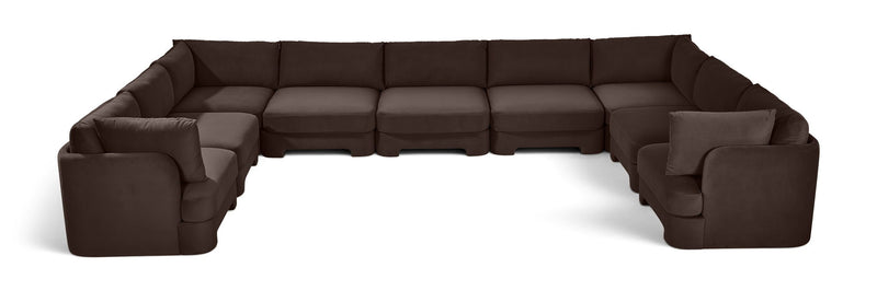 Dark brown velvet modular sectional, 9-piece set with L-shaped chaise ends.