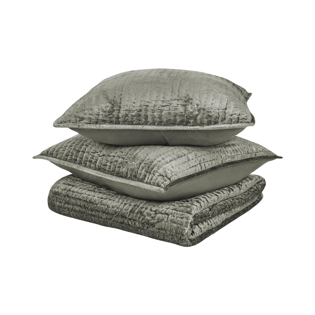 Gray velvet pillow shams set with quilted cover, stacked for display