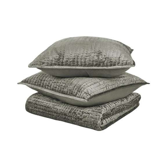 Gray velvet pillow shams set with quilted cover, stacked for display
