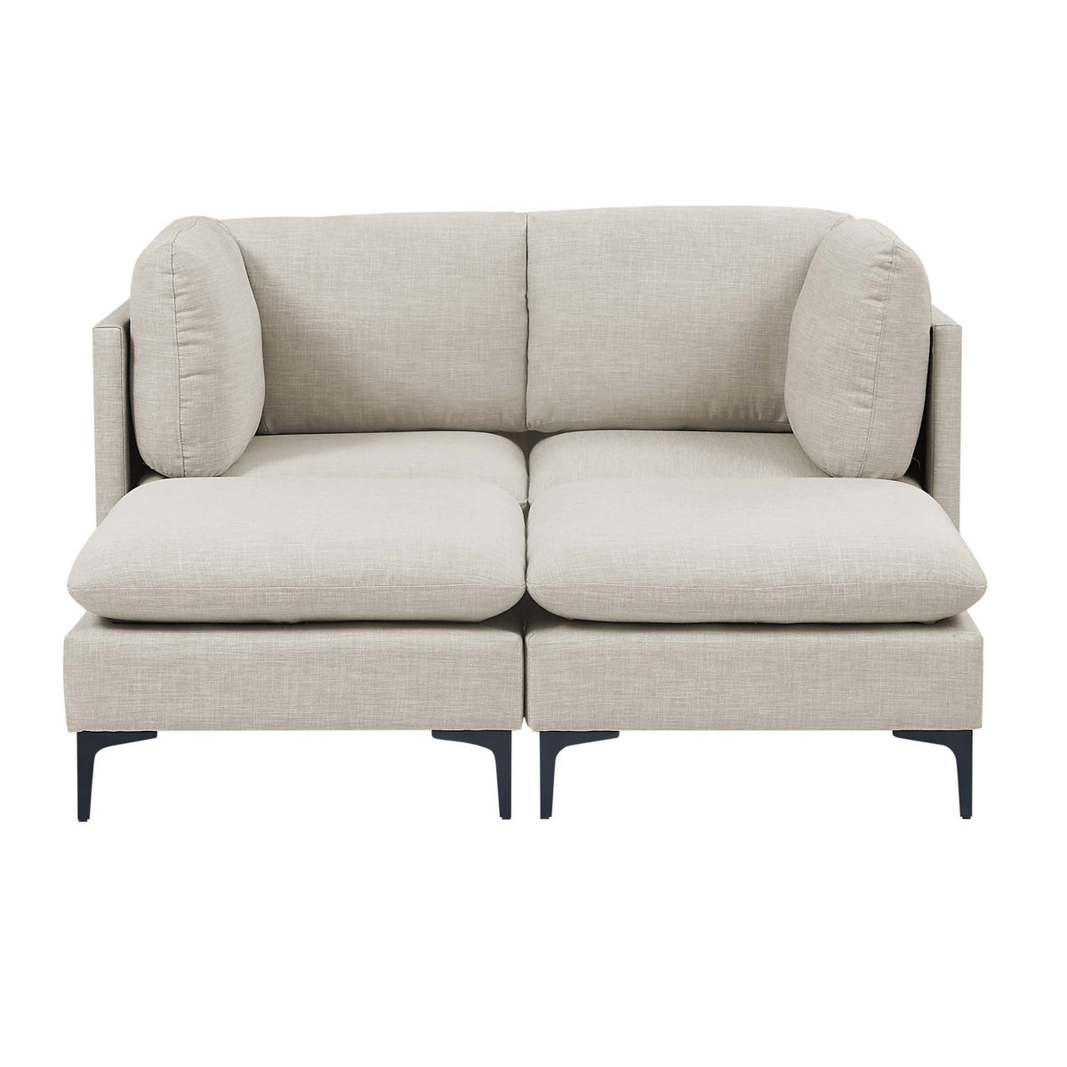 Beige upholstered two-seat sofa with thick seat cushions and tall tapered legs
