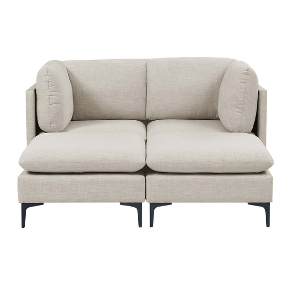 Beige upholstered two-seat sofa with thick seat cushions and tall tapered legs