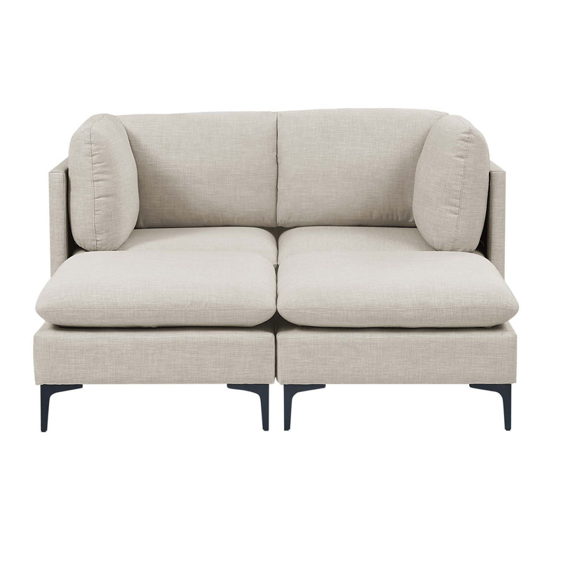 Beige upholstered two-seat sofa with thick seat cushions and tall tapered legs