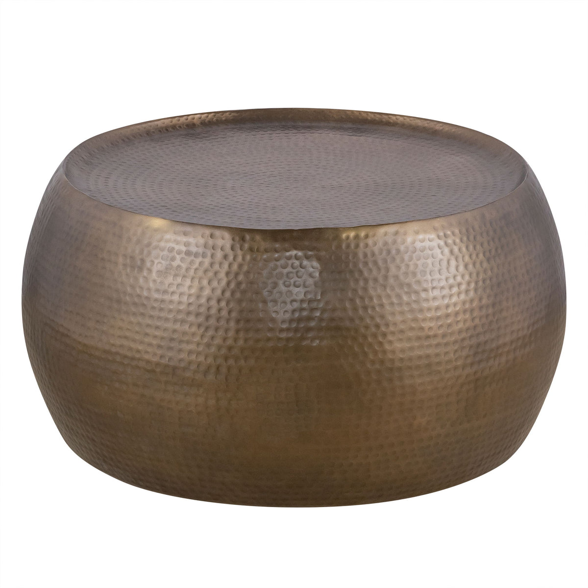 Bronze hammered metal round coffee table with gray top surface