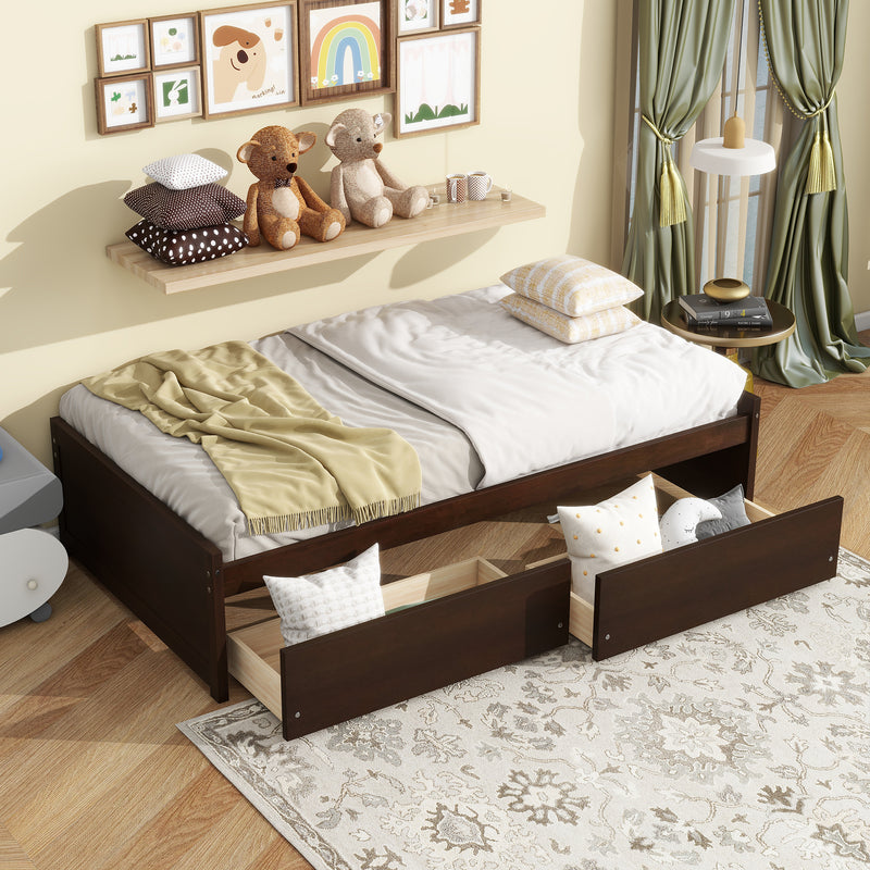 Twin Size Bed with 2 Drawers, Solid Rubber Wood Bed, Espresso