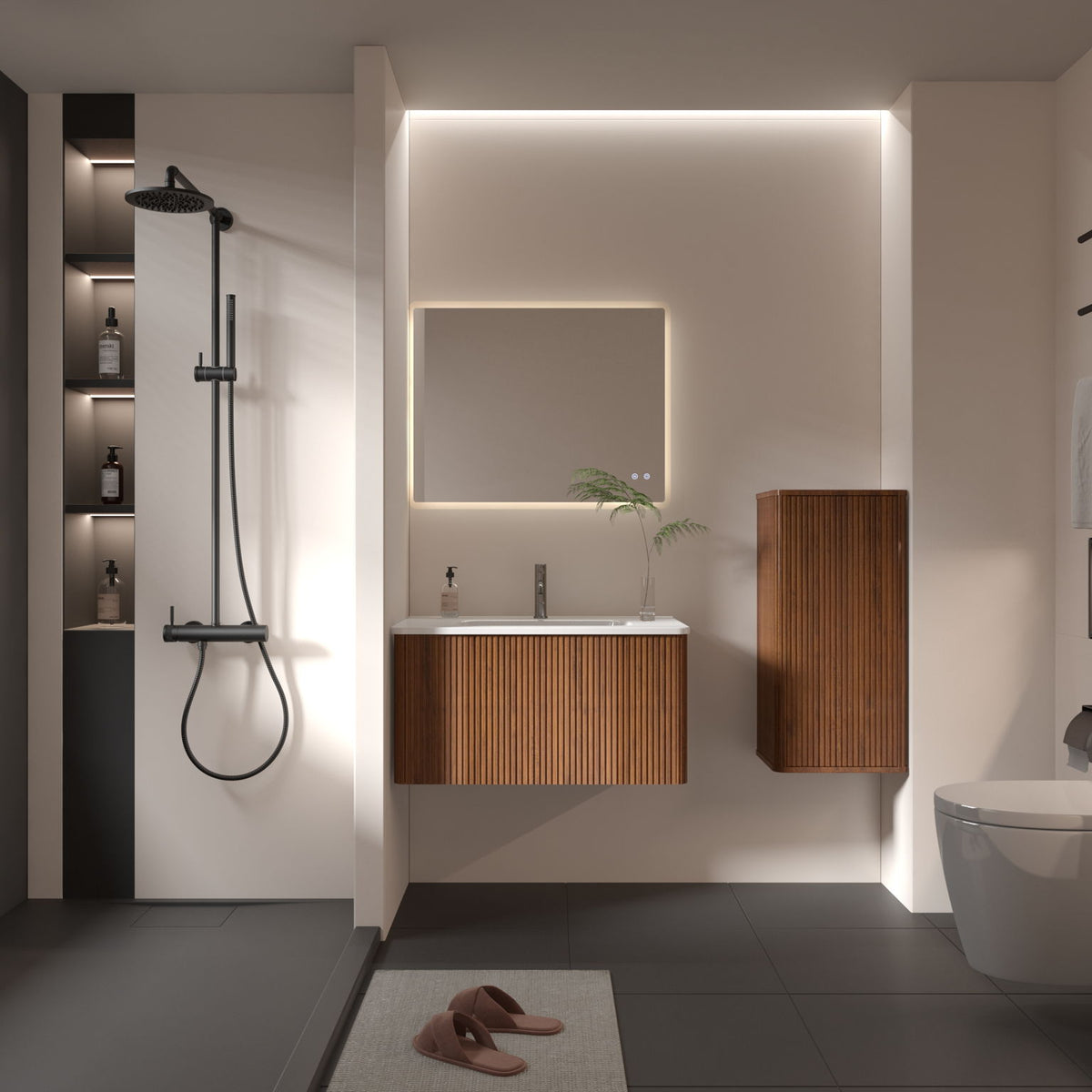 Striped Walnut Bathroom Floating Side Cabinet, Wall-Mounted Storage Cabinet For Small Spaces - Walnut