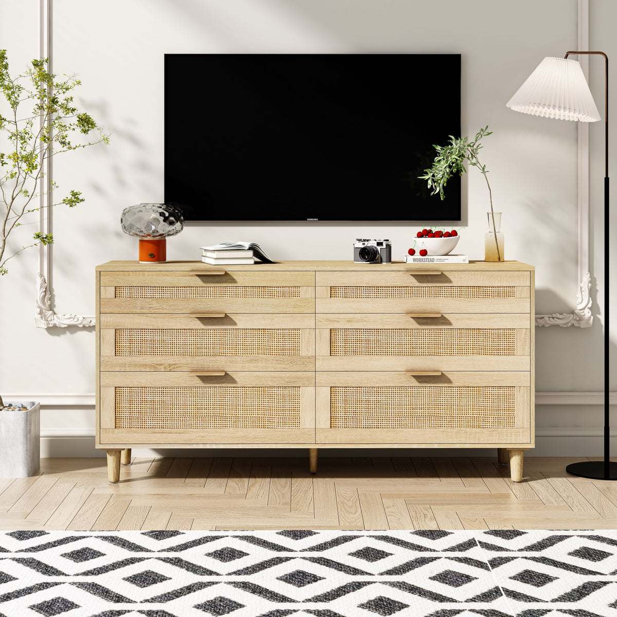 Rattan Dresser With 6 Drawers, Wooden Legs & Metal Handle