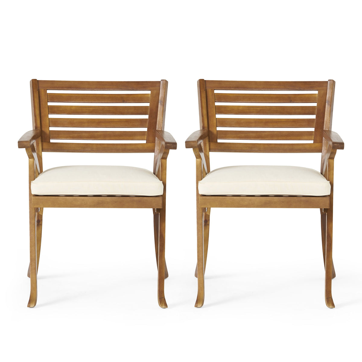 Pair of teak wood dining chairs with beige seat cushions, slatted backs and armrests