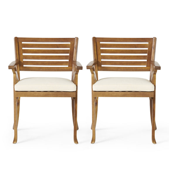Teak outdoor dining chairs, slatted backs, beige seat cushions, pair