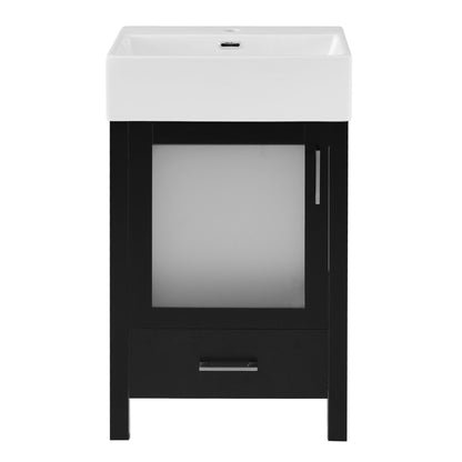 Black bathroom vanity with white ceramic sink and cabinet door, plus lower drawer