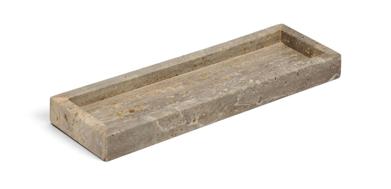 Rectangular light brown marble tray with speckled veining and low raised sides.