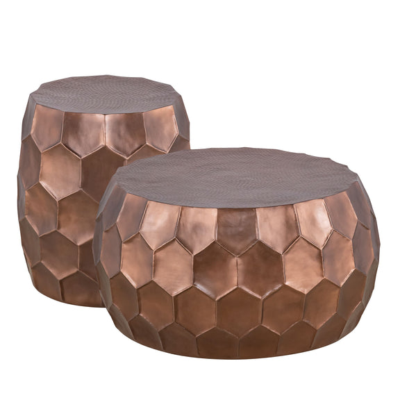 2-piece round ottoman table set, bronze hex-pattern sides, gray tops